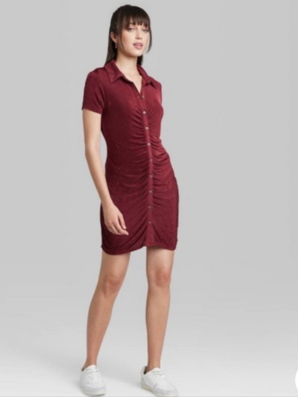 WILD FABLE Ruched Button Front Bodycon Mini Dress Berry Red S